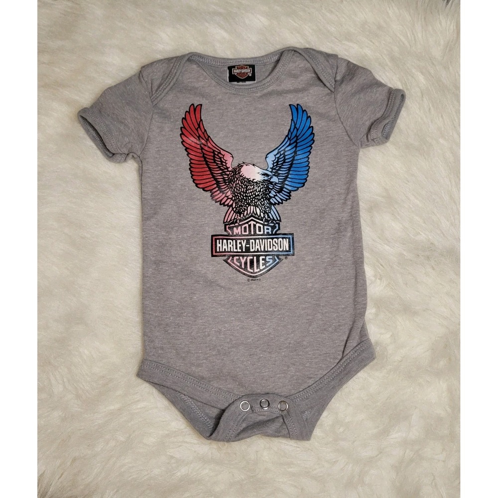 Harley-Davidson Official Baby Bodysuit 12-18M Grey American Flag Motorcycle‎